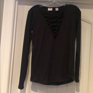 Long sleeve T shirt with criss cross detail